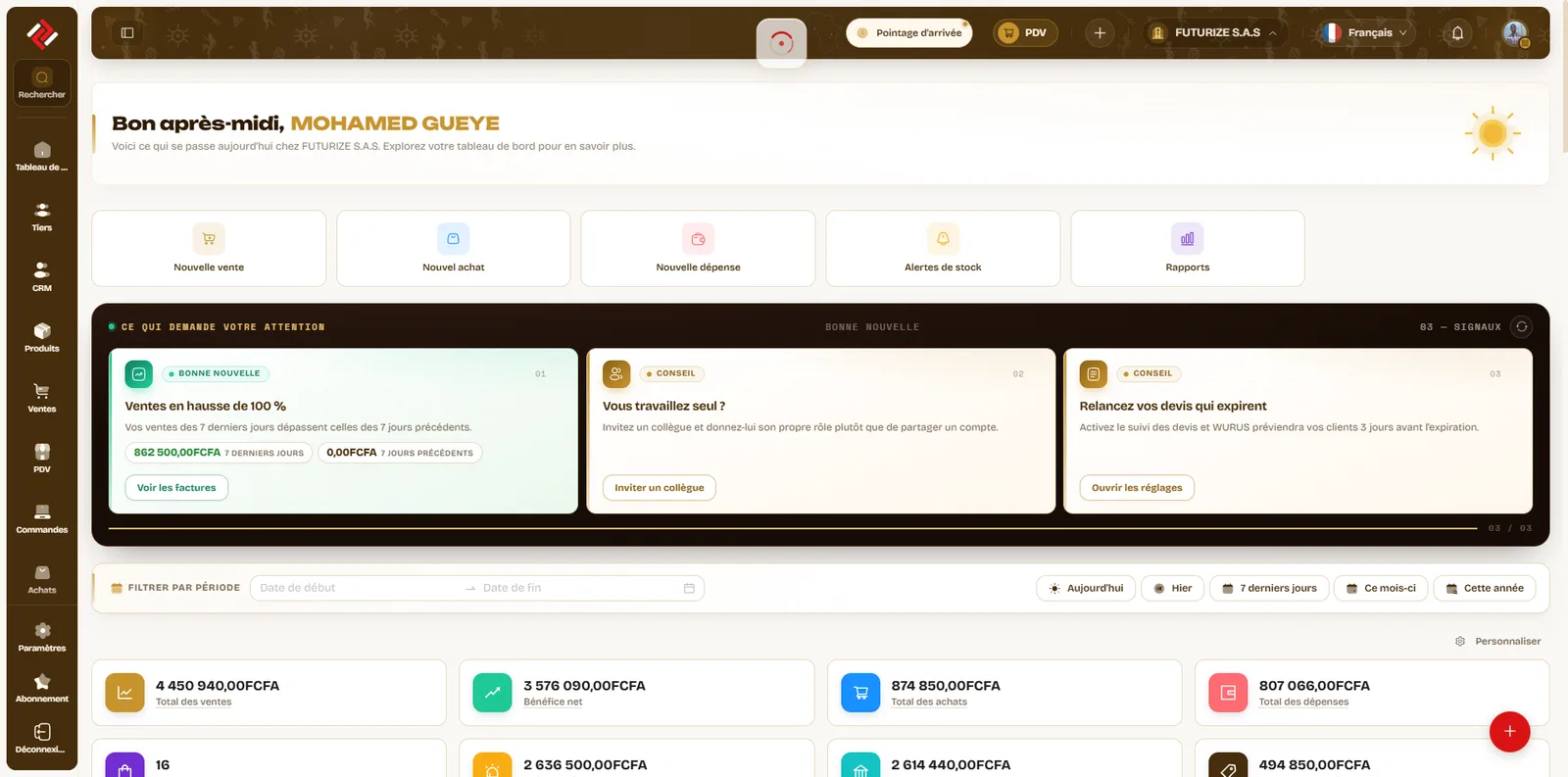 The Wurus dashboard, a real capture of the application