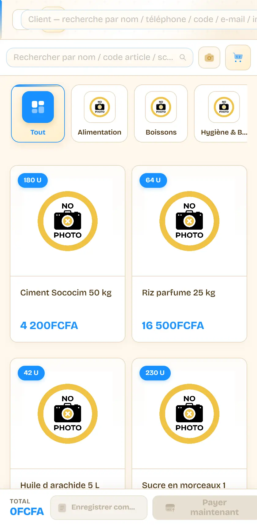 La caisse sur téléphone : recherche, scanner et panier tiennent dans un écran de 420 px. Encore faut-il du réseau — sans lui, le catalogue ne charge pas.