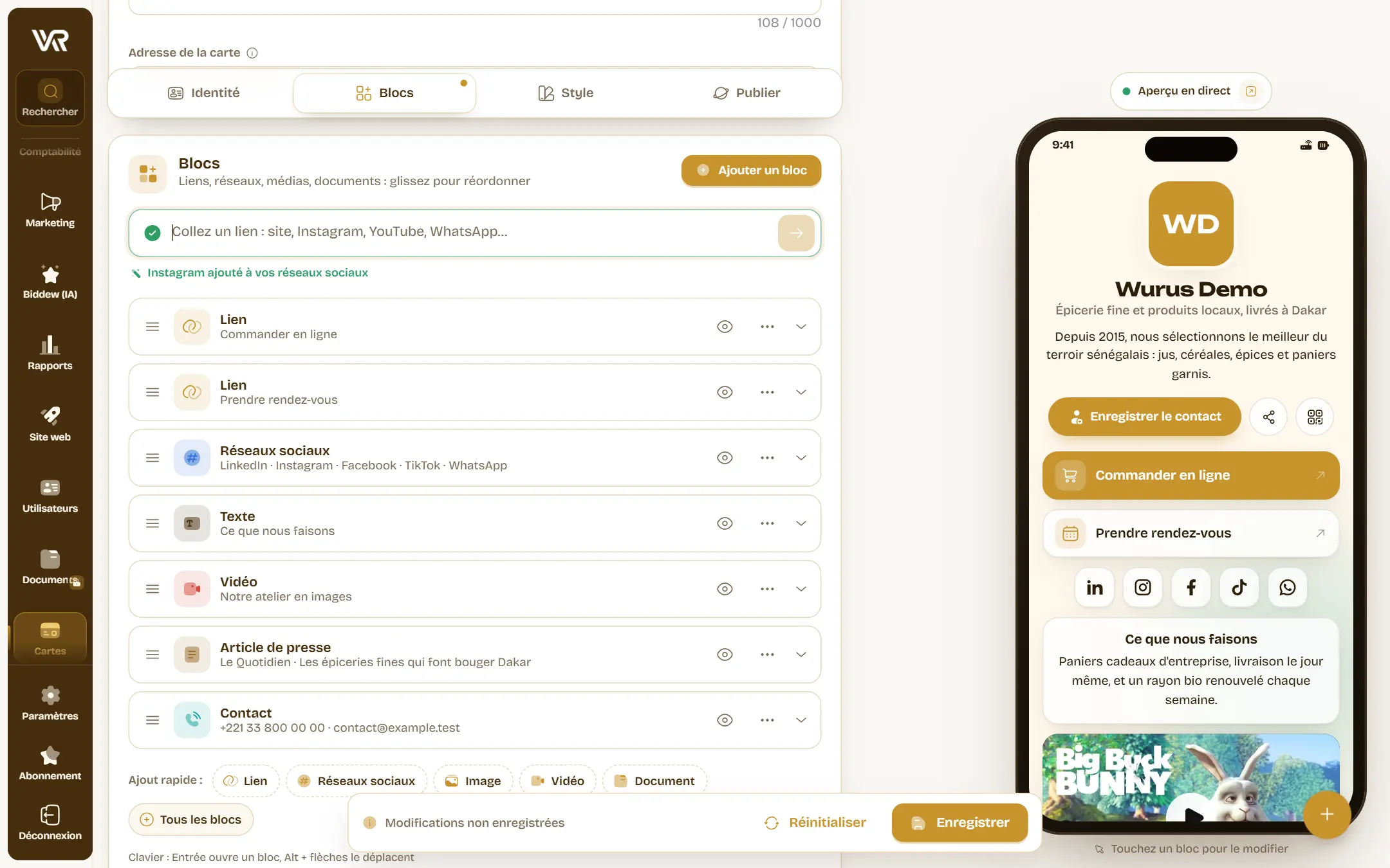 Le champ « Collez un lien » au-dessus des blocs, avec le message « Instagram ajouté à vos réseaux sociaux ».
