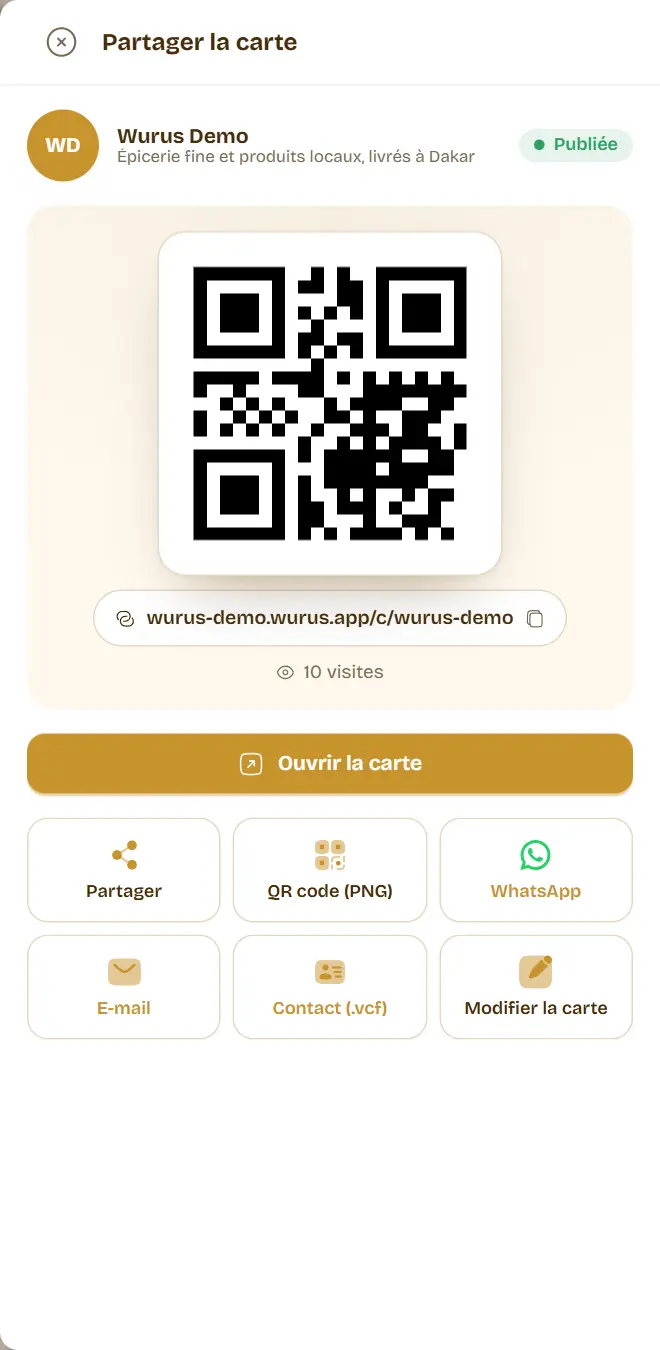 Le panneau Partager la carte : QR code, lien, nombre de visites, Ouvrir la carte, WhatsApp, e-mail, QR code en PNG et contact .vcf.