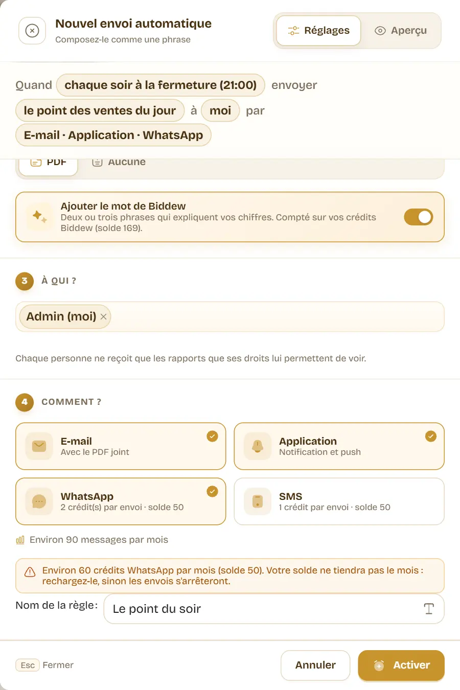 Le choix des canaux : e-mail et application inclus, WhatsApp à deux crédits par envoi avec le PDF, SMS à un crédit, et l’estimation des crédits du mois face au solde.