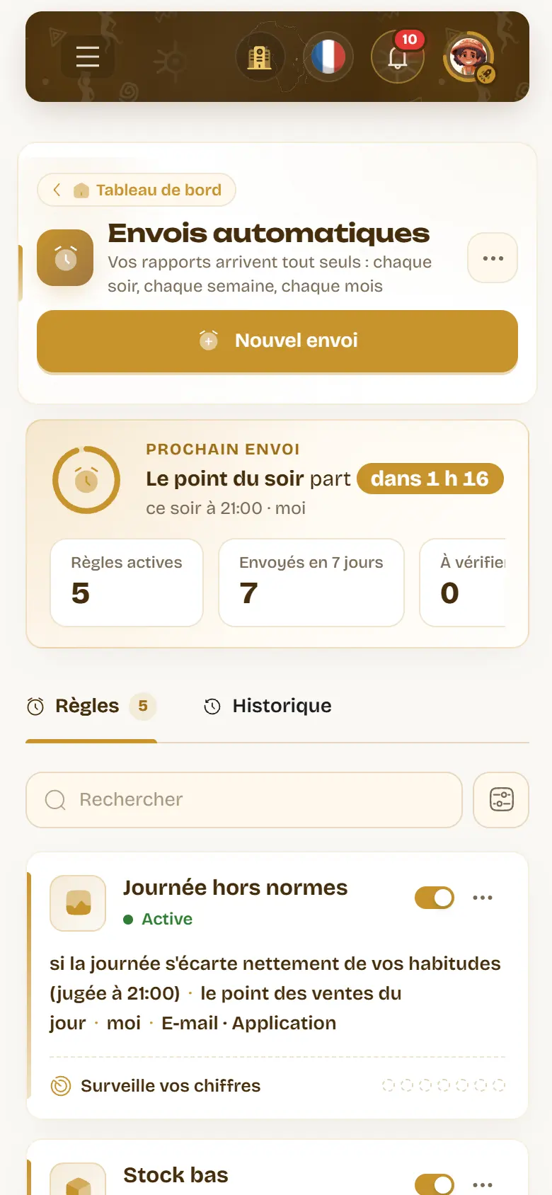 La page des envois automatiques sur un téléphone : le prochain envoi avec son compte à rebours, les règles actives et leurs interrupteurs.