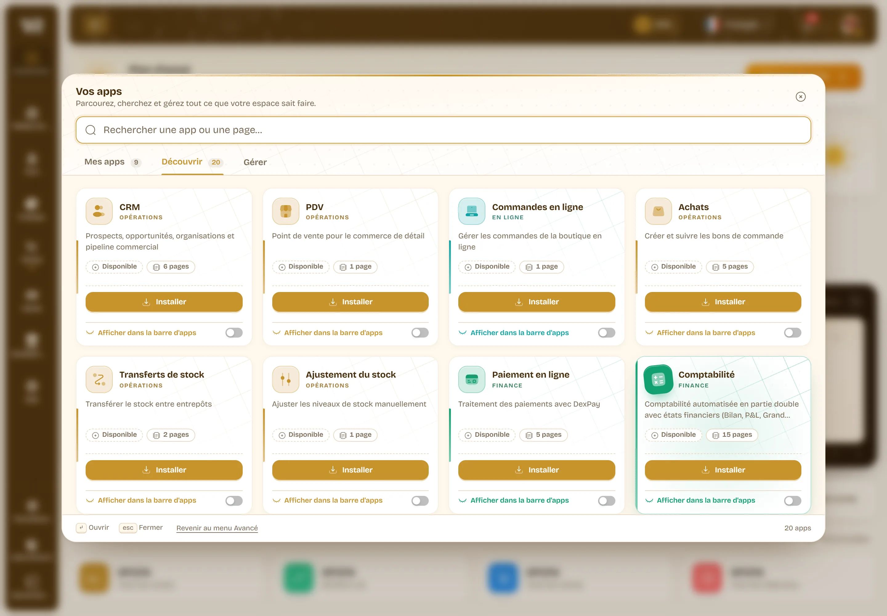 L’onglet « Découvrir » du panneau : les apps non installées, chacune avec sa famille, son nombre de pages et un bouton « Installer ».