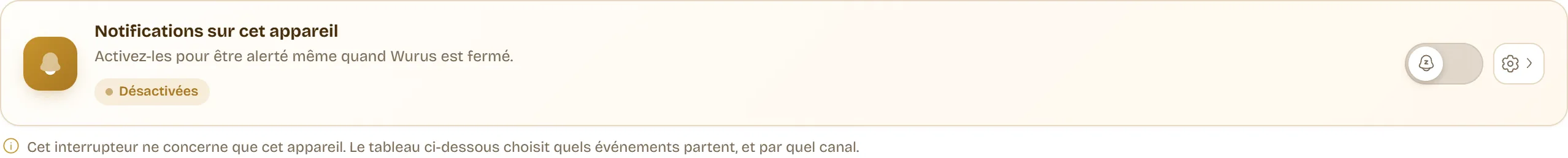 L’interrupteur « Notifications sur cet appareil » en tête des paramètres de notification, avec son état et la précision qu’il ne concerne que cet appareil.