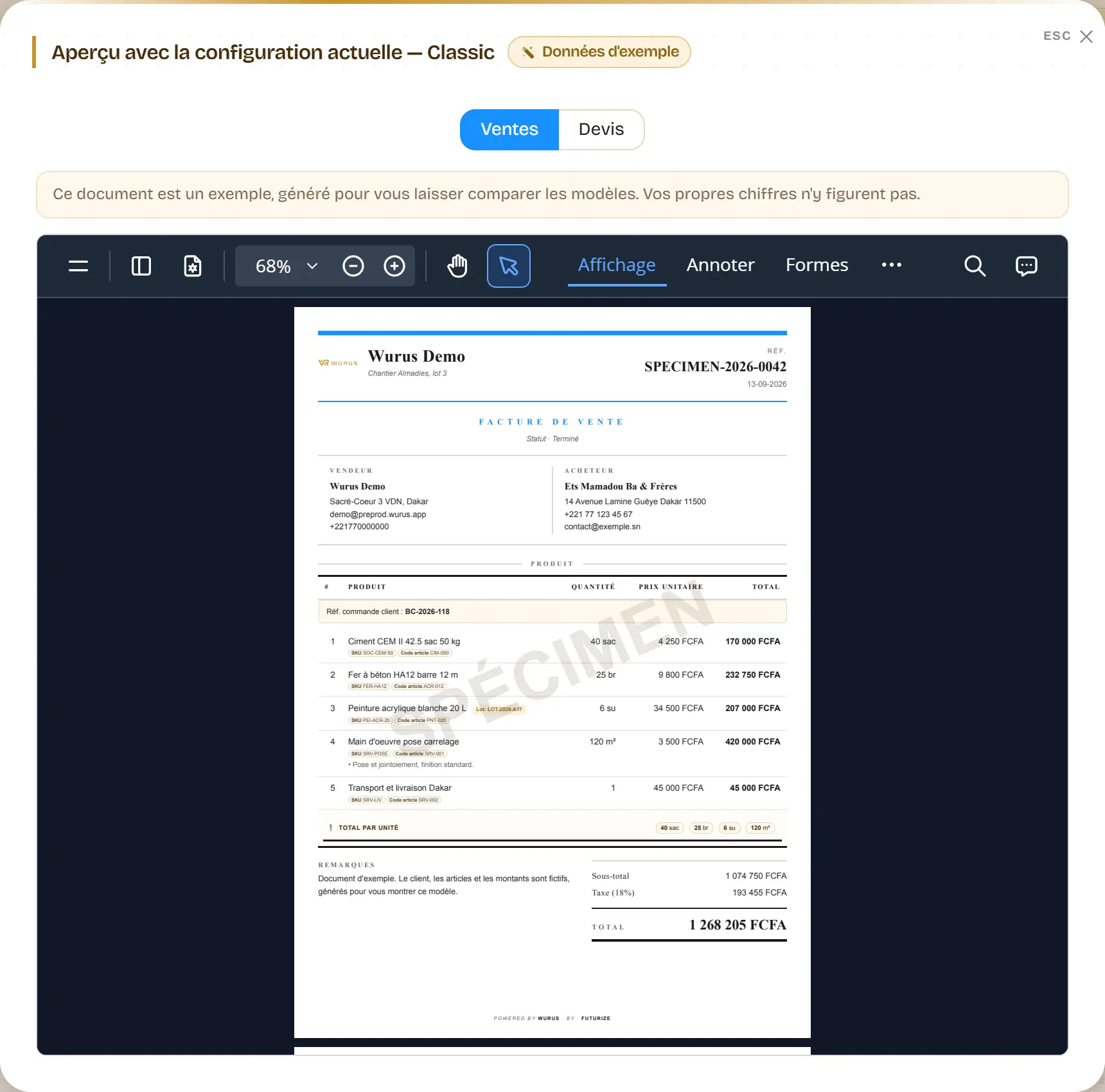L’aperçu d’un modèle de facture sur un document d’exemple : pastille « Données d’exemple », mention que vos propres chiffres n’y figurent pas, numéro SPECIMEN et filigrane.