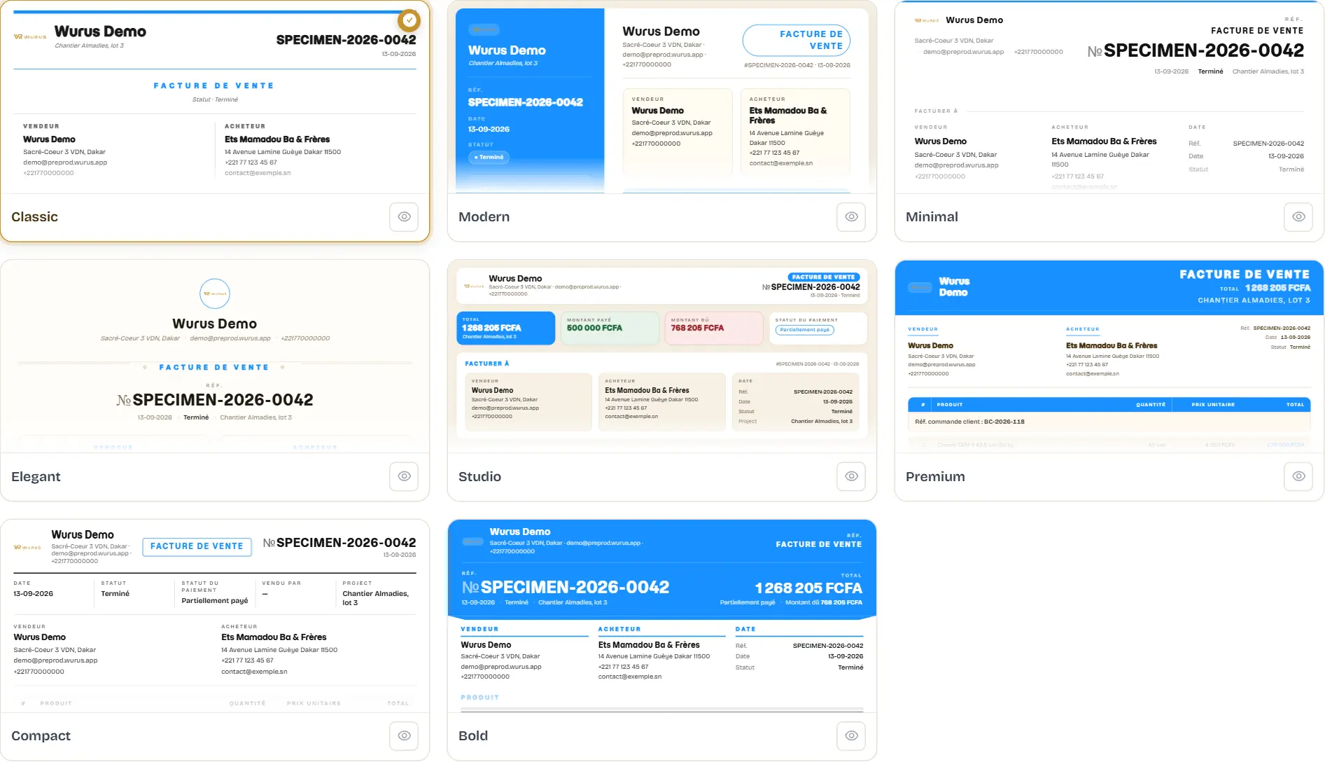 Les huit modèles de facture affichés en vignettes rendues pour de vrai, chacune avec le nom de l’entreprise et un numéro commençant par SPECIMEN.