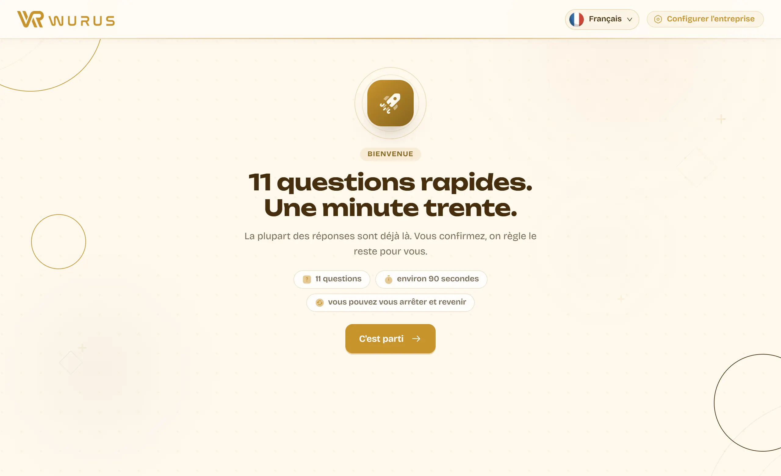 Écran d’accueil de la configuration : « 11 questions rapides. Une minute trente. », avec trois repères et un bouton « C’est parti ».