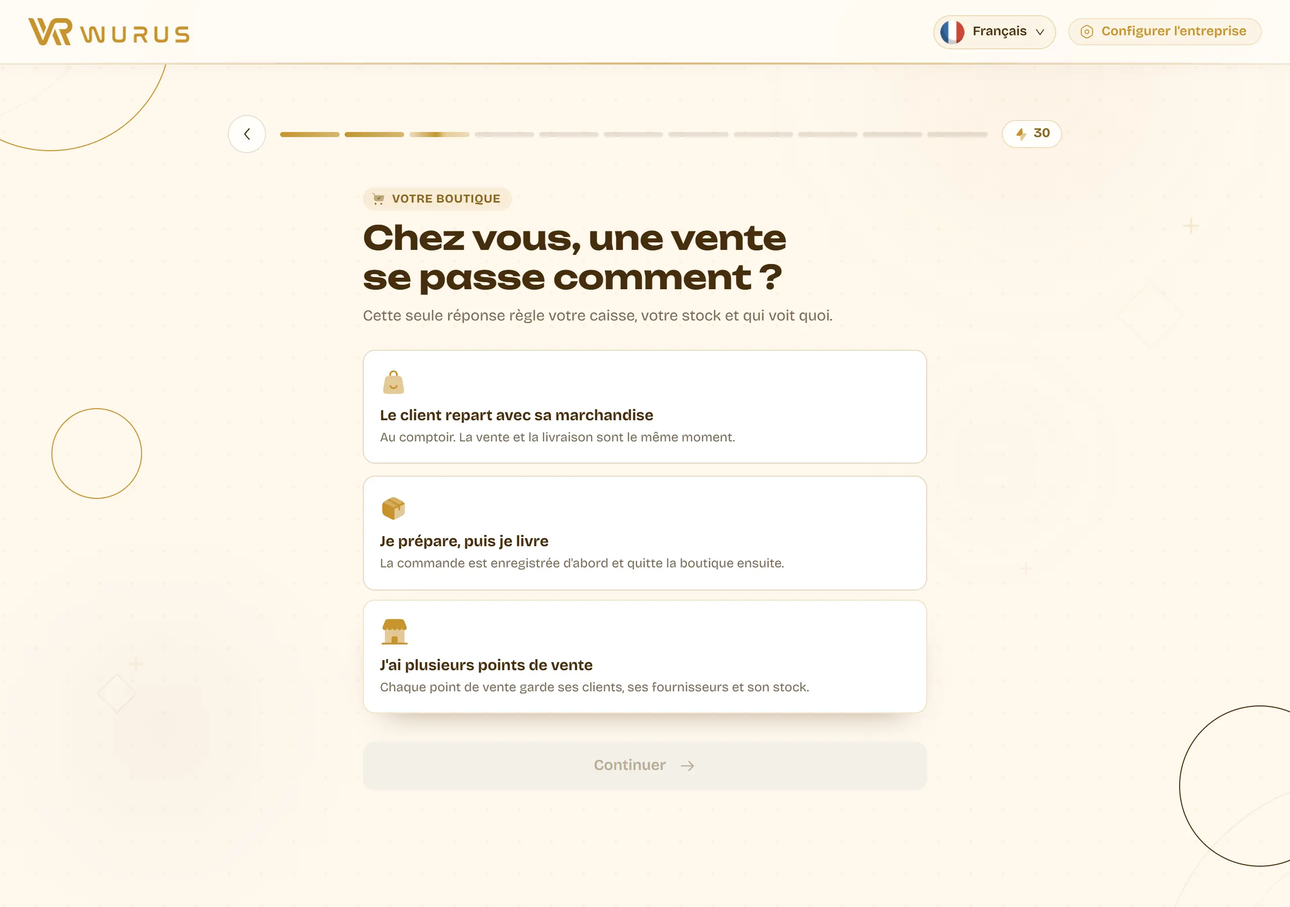 La question « Chez vous, une vente se passe comment ? » avec trois réponses illustrées et la mention « Cette seule réponse règle votre caisse, votre stock et qui voit quoi ».
