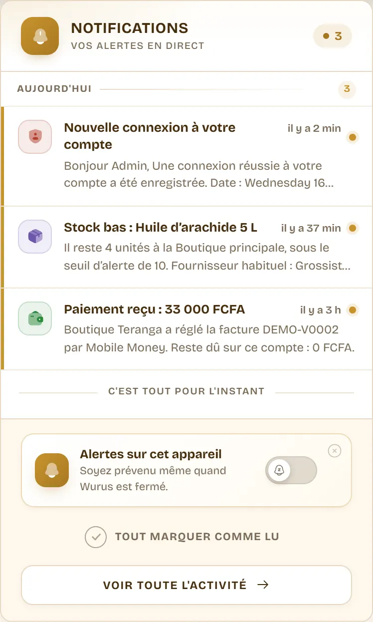 Le tiroir de notifications : trois alertes de nature différente, chacune avec son icône et sa couleur, datées en clair, et le rappel d’activation des alertes sur cet appareil.