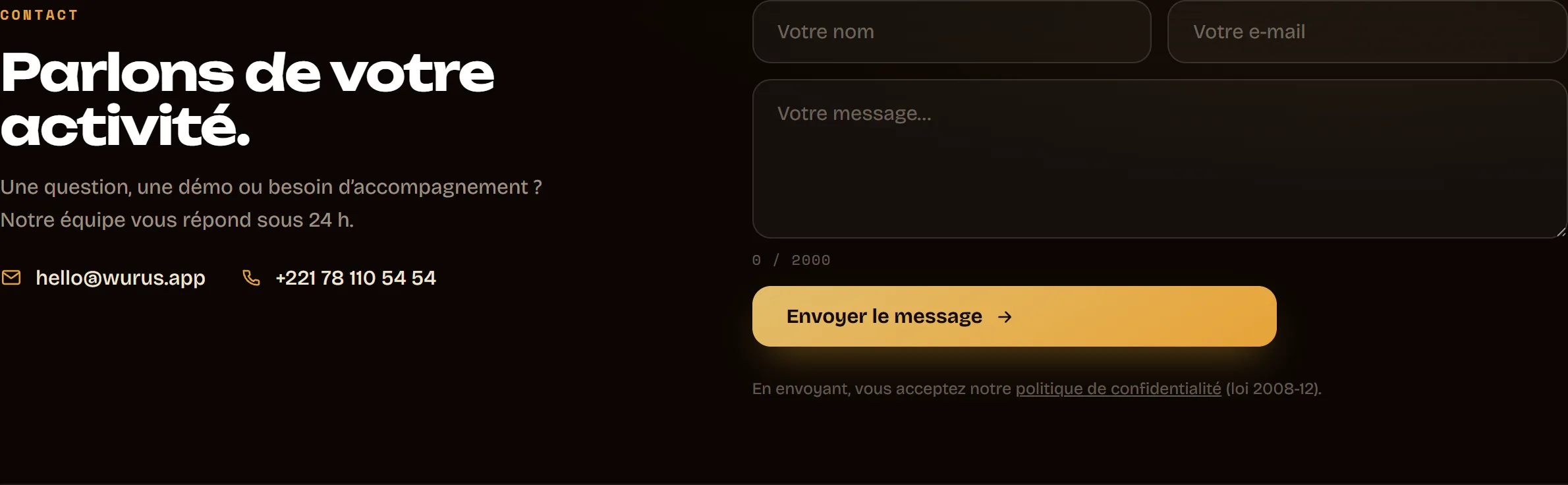 Le bloc contact du pied de page : nom et e-mail sur toute la largeur, zone de message, compteur de caractères, et la mention de la loi 2008-12 sous le bouton d’envoi.
