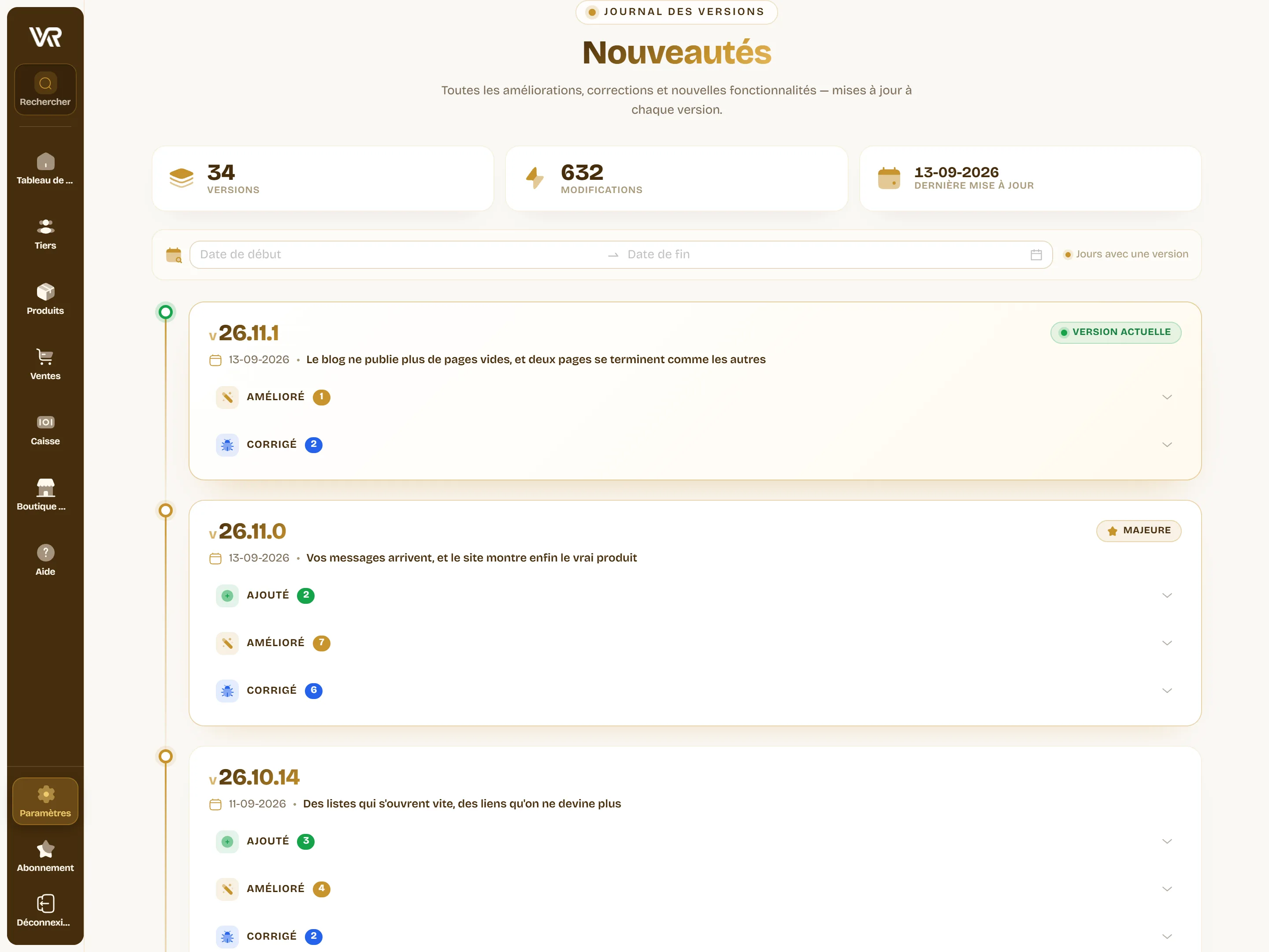 L’écran Nouveautés dans l’application : 34 versions, 632 modifications, et la frise où 26.11.1 porte « version actuelle » et 26.11.0 la mention « majeure ».