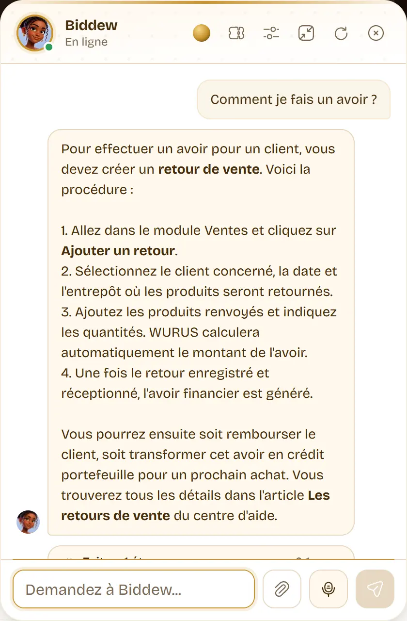 À la question « Comment je fais un avoir ? », Biddew répond en étapes numérotées à partir de l’aide en ligne de Wurus.