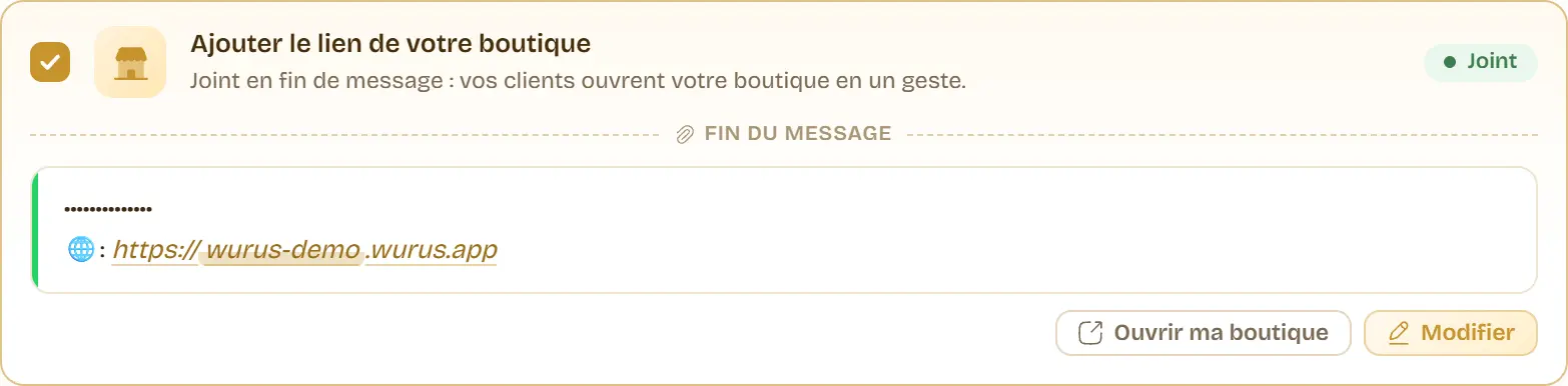 L’option « Ajouter le lien de votre boutique » cochée dans une campagne, avec l’aperçu de la fin du message et l’adresse de la boutique.
