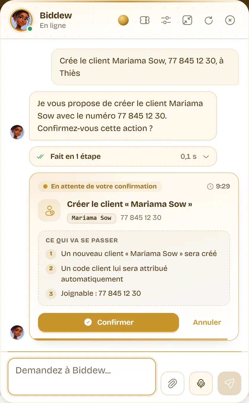 La carte de confirmation « Créer le client Mariama Sow » : ce qui va se passer, en trois points numérotés, avec les boutons Confirmer et Annuler.