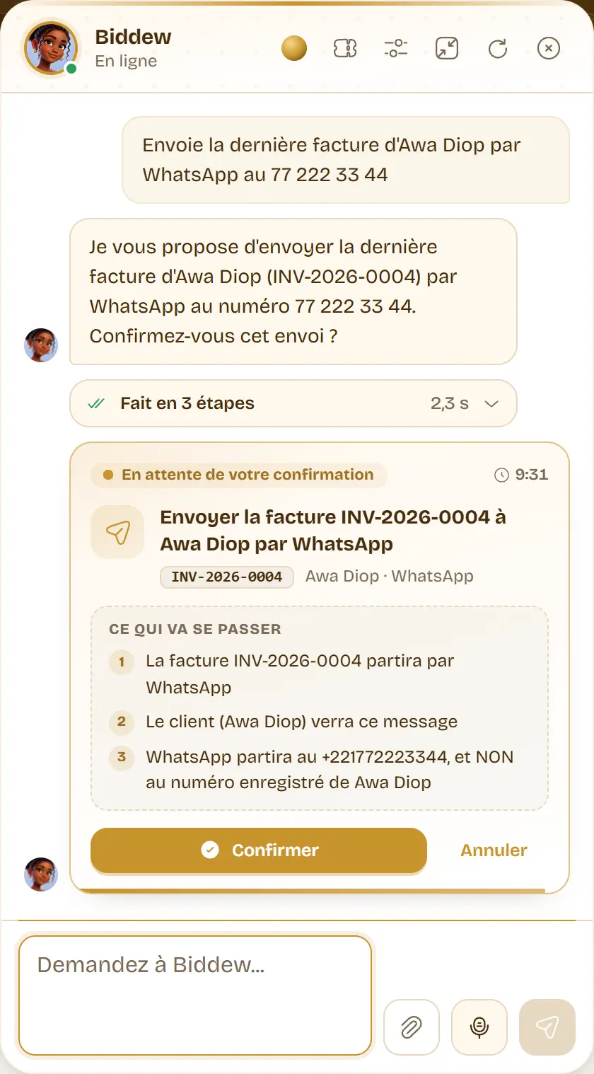 La carte d’envoi d’une facture par WhatsApp à un numéro écrit en toutes lettres, qui vaut pour ce seul envoi.