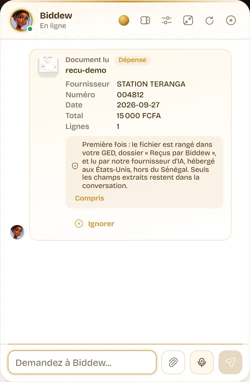 Biddew a lu un reçu de carburant : fournisseur, numéro, date et total de 15 000 FCFA, avec la mention du dossier « Reçus par Biddew ».