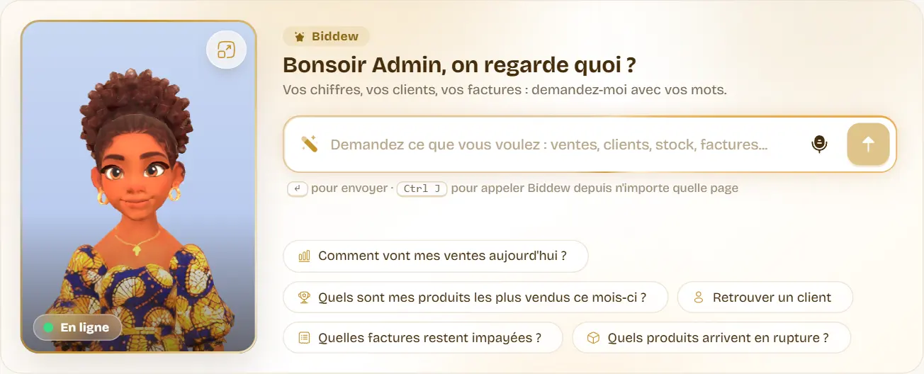 Le haut de l’écran Biddew : le portrait en 3D avec, dans son coin haut droit, la pastille qui ouvre la scène, et à côté le champ « Demandez ce que vous voulez ».