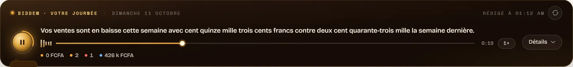 La carte « Biddew · Votre journée » en lecture : la phrase prononcée en sous-titre, la barre d’avancement, la durée, le choix de vitesse et le bouton Détails.
