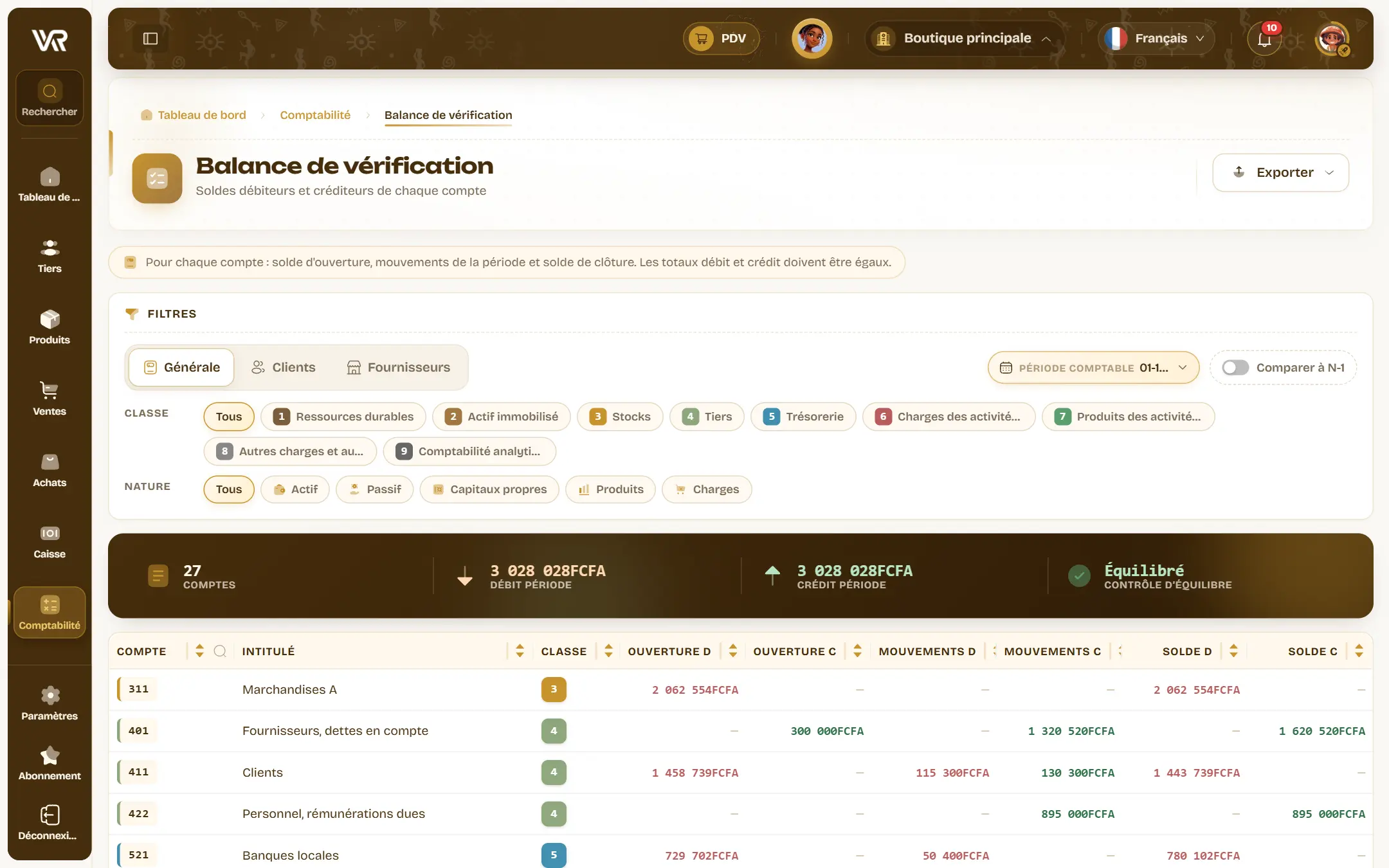 La balance : 27 comptes, débits et crédits de la période égaux, la mention Équilibré, et les filtres par classe et par nature.