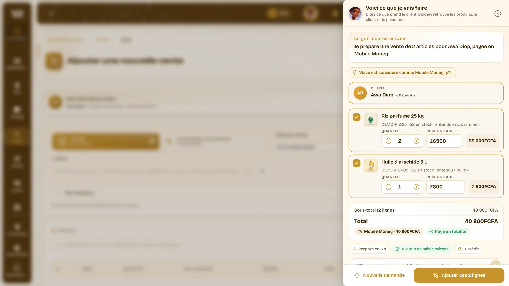 Une vente dictée : « Voici ce que je vais faire » avec la cliente Awa Diop, deux articles retrouvés dans le catalogue, le total de 40 800 FCFA payé en mobile money.