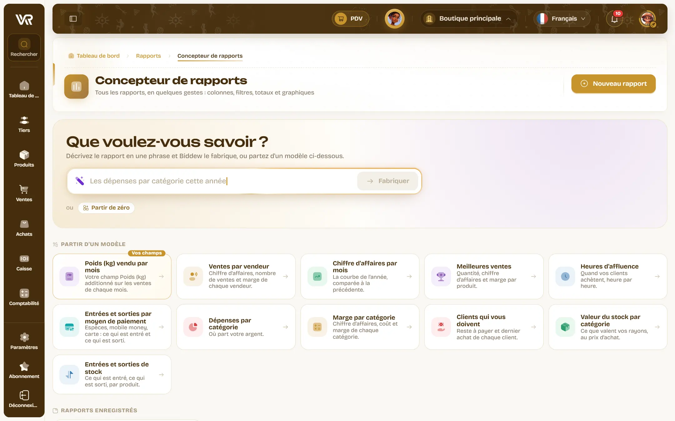 Le concepteur de rapports : « Que voulez-vous savoir ? », une phrase à compléter pour Biddew, et les modèles prêts, ventes par vendeur, dépenses par catégorie, meilleures ventes.