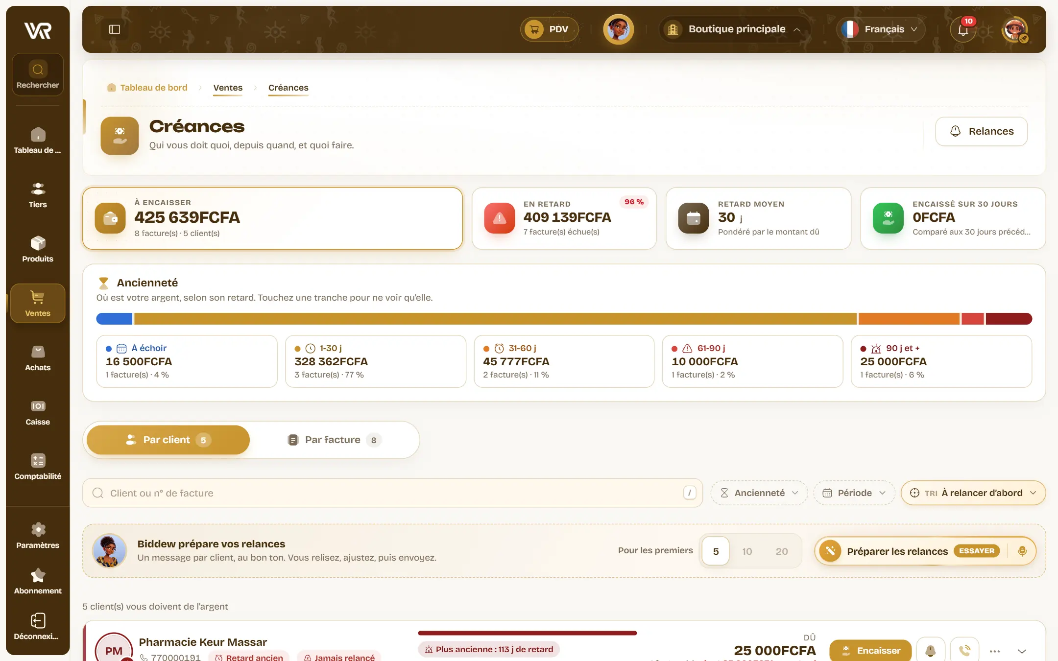 La page Créances : 425 639 FCFA à encaisser, la barre d’ancienneté par tranche, et en bas le bandeau « Biddew prépare vos relances » pour les 5 premiers.
