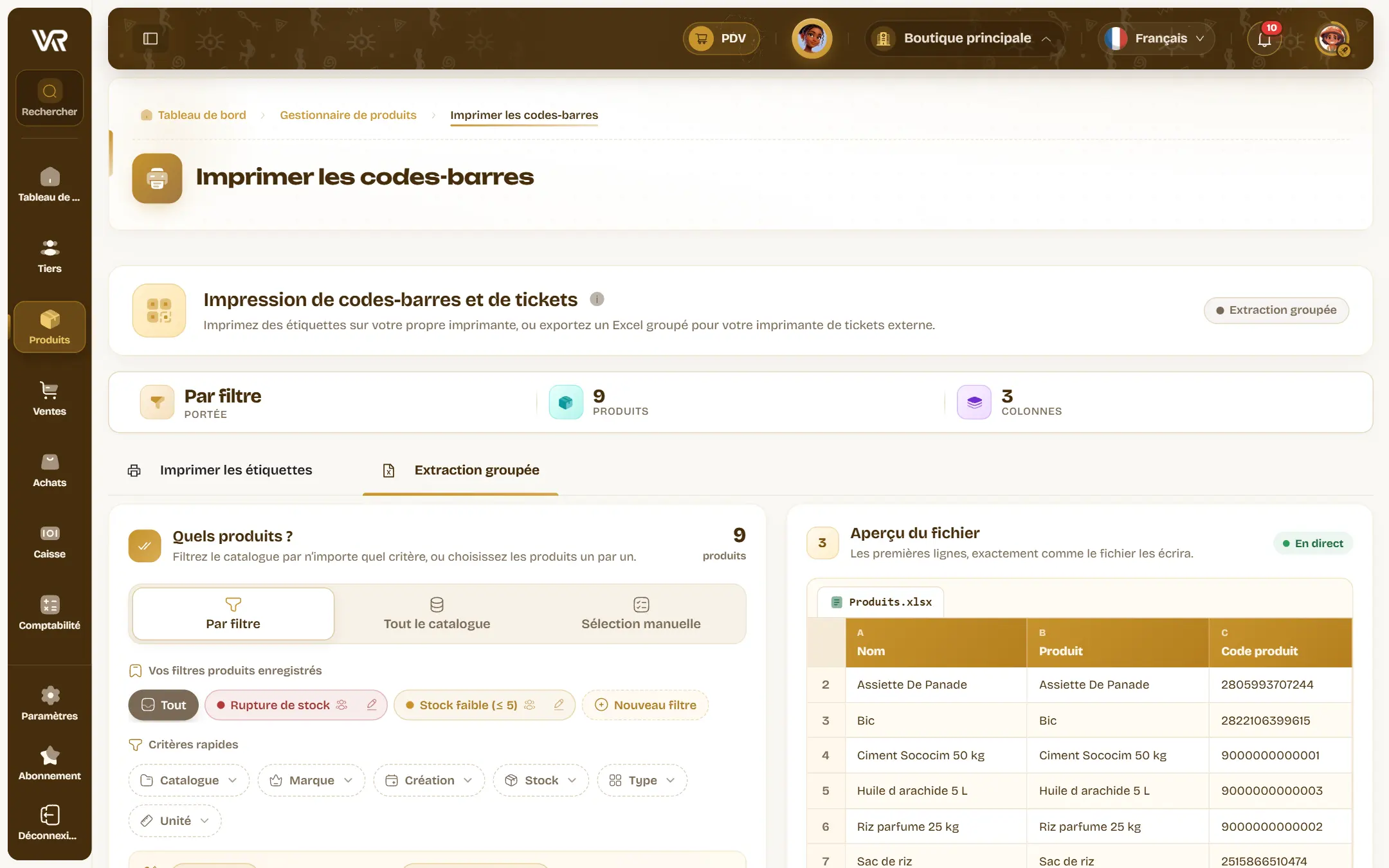 L’extraction groupée des codes-barres : les colonnes du fichier à composer librement, les modèles prêts et l’aperçu du fichier.