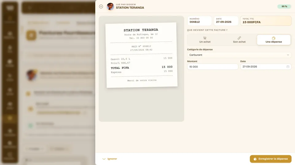Une facture lue par Biddew : la photo du ticket, le numéro, la date, le total, et le choix un achat, son achat ou une dépense