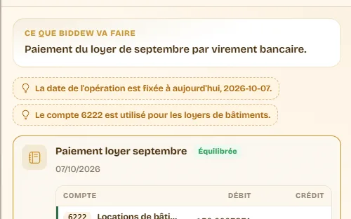 Gros plan d’une écriture proposée par Biddew à partir d’une phrase : loyer de septembre, équilibrée