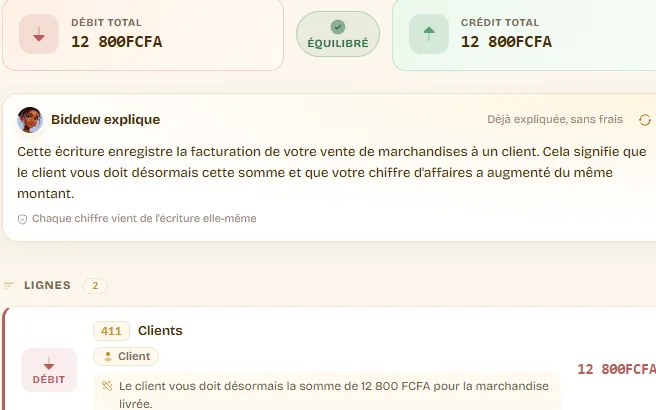 Gros plan d’une écriture expliquée : Biddew explique, chaque chiffre vient de l’écriture, ligne du compte client