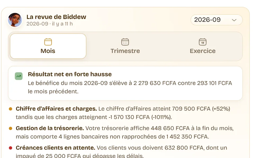 Gros plan de la revue de Biddew : mois, trimestre ou exercice, et les constats chiffrés du mois