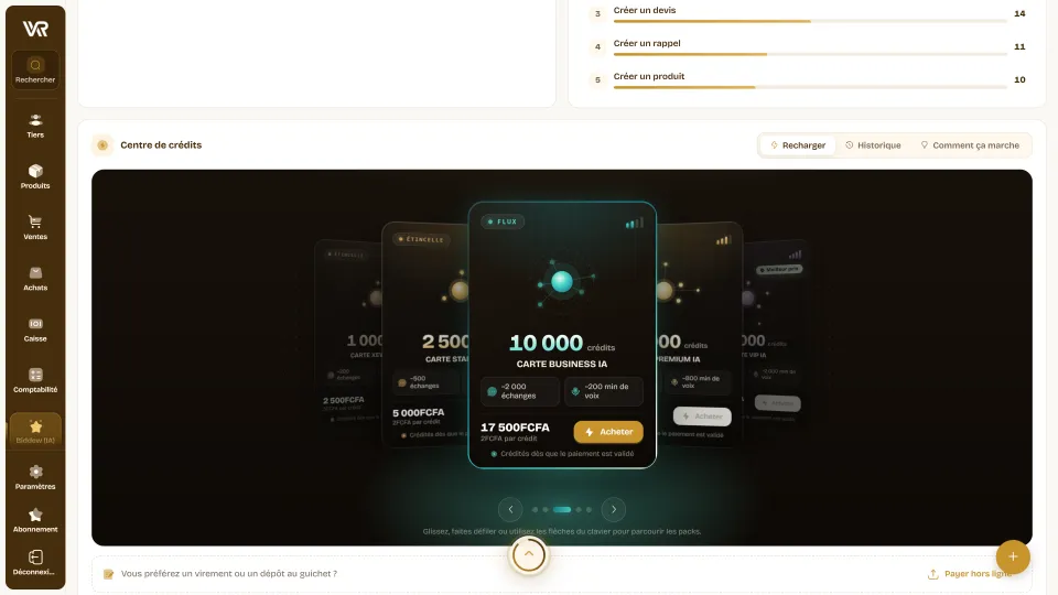 Centre de crédits Biddew : packs de crédits IA en cartes, échanges et minutes de voix équivalents, achat en ligne ou hors ligne