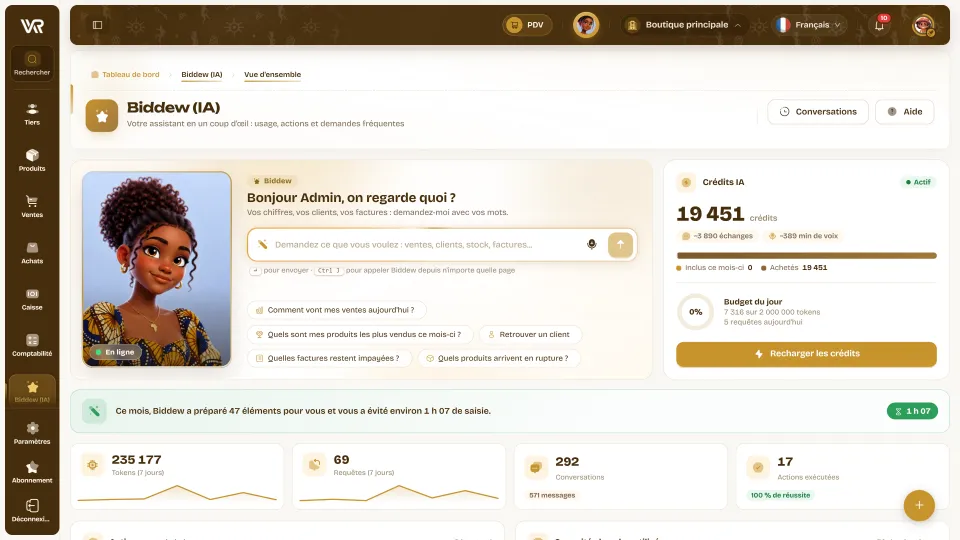 Espace Biddew : la mascotte, le champ de question, des suggestions, les crédits IA et le temps de saisie évité ce mois