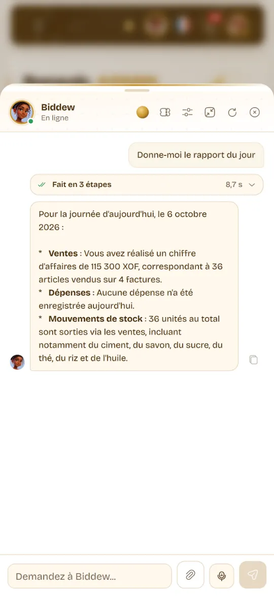 Biddew sur un téléphone : une demande de rapport du jour, les étapes et une réponse avec le chiffre d’affaires du jour